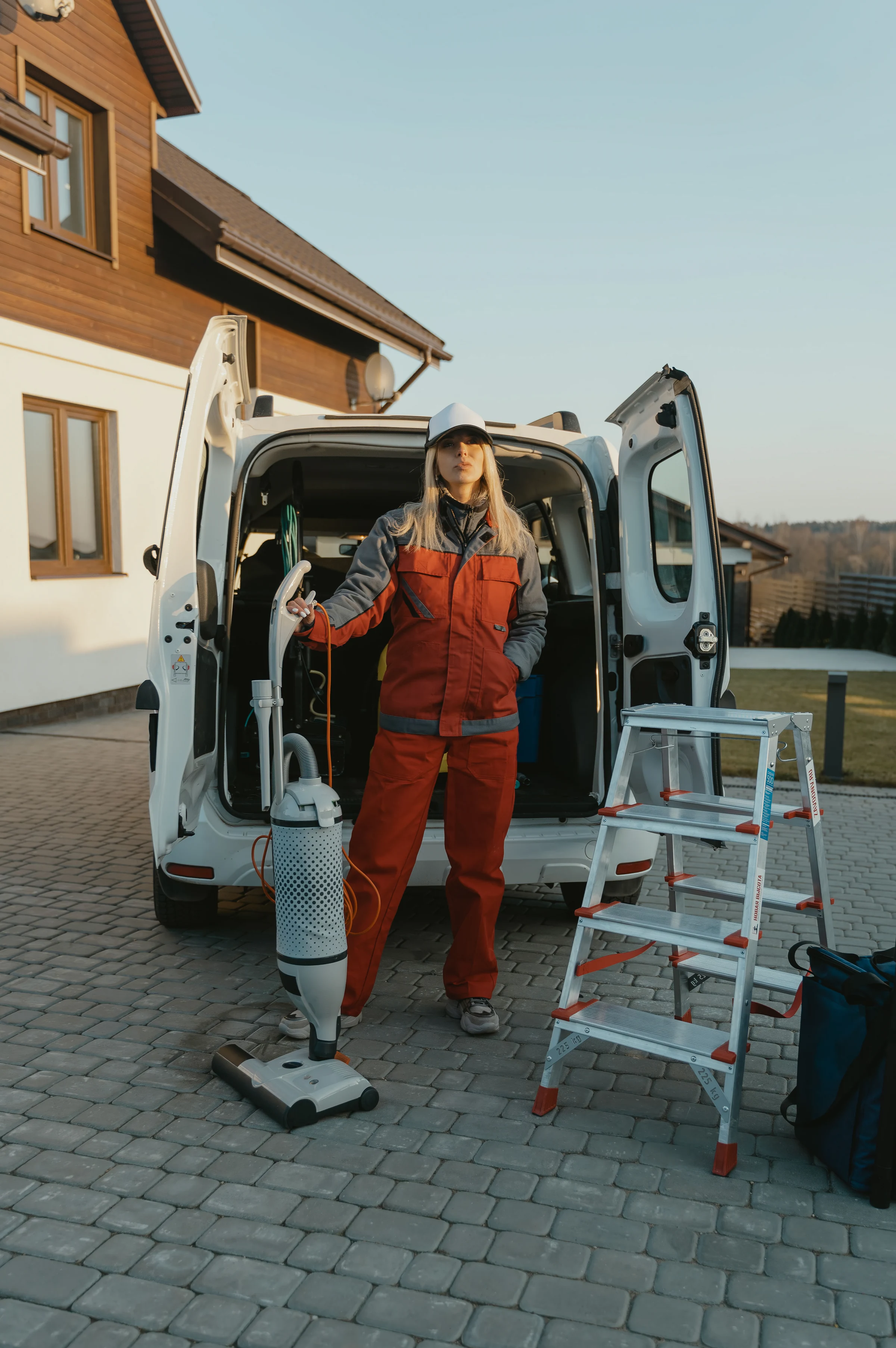 A cleaner unloading equipment from the company van