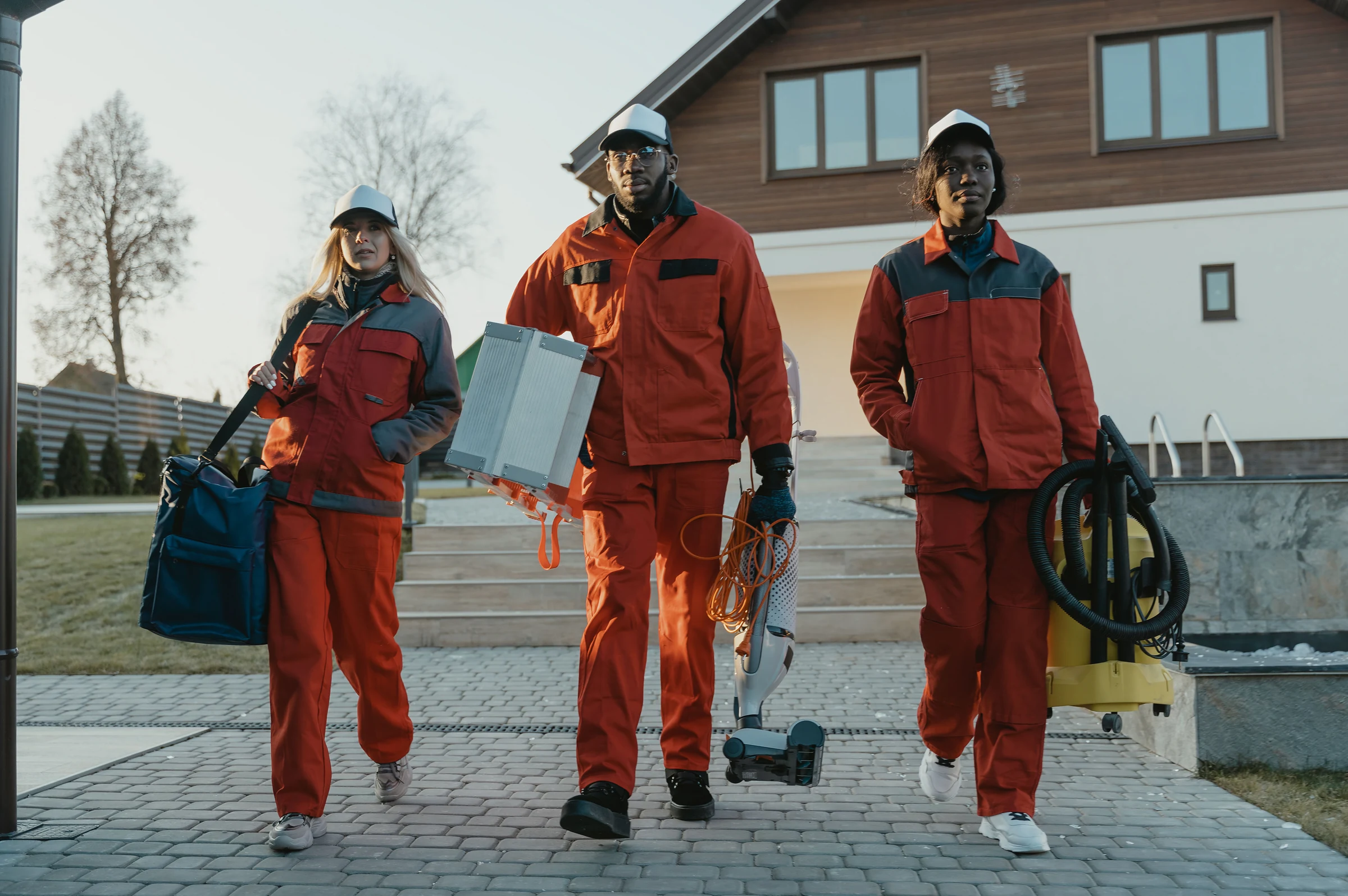 A cleaning crew walking up to a house with vacuums and supplies